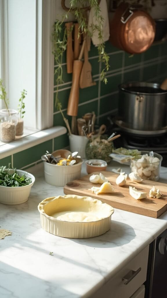 Spinach, Egg &Amp; Cheese Crust Pie 3 Ingredients for spinach crust pie on a modern kitchen counter with white marble countertop and green subway tile backsplash, lit by natural daylight