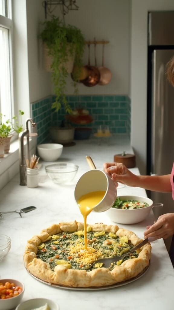 Spinach, Egg &Amp; Cheese Crust Pie 5 Professional food photography in a modern kitchen, highlighting pre-baked spinach crust being filled with egg mixture, cheese, and sautéed vegetables under natural daylight.