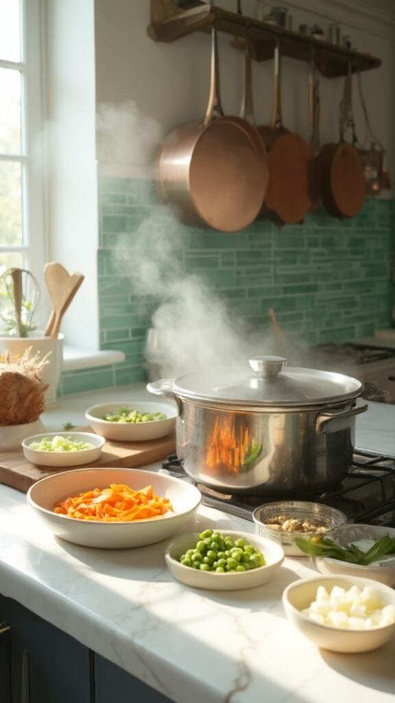 Split Pea Soup (Classic Ham &Amp; Pea Or Vegetarian Options) 4 Modern kitchen scene with split peas and ham hock simmering in dutch oven, freshly diced vegetables in prep bowls, and warm, earthy color grading.