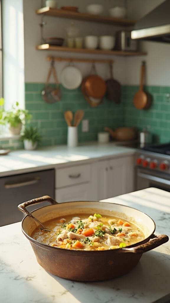 Turkey &Amp; Wild Rice Soup 7 Professional food photography of turkey and wild rice soup in a modern kitchen with natural lighting, white marble countertops, and green subway tile backsplash.