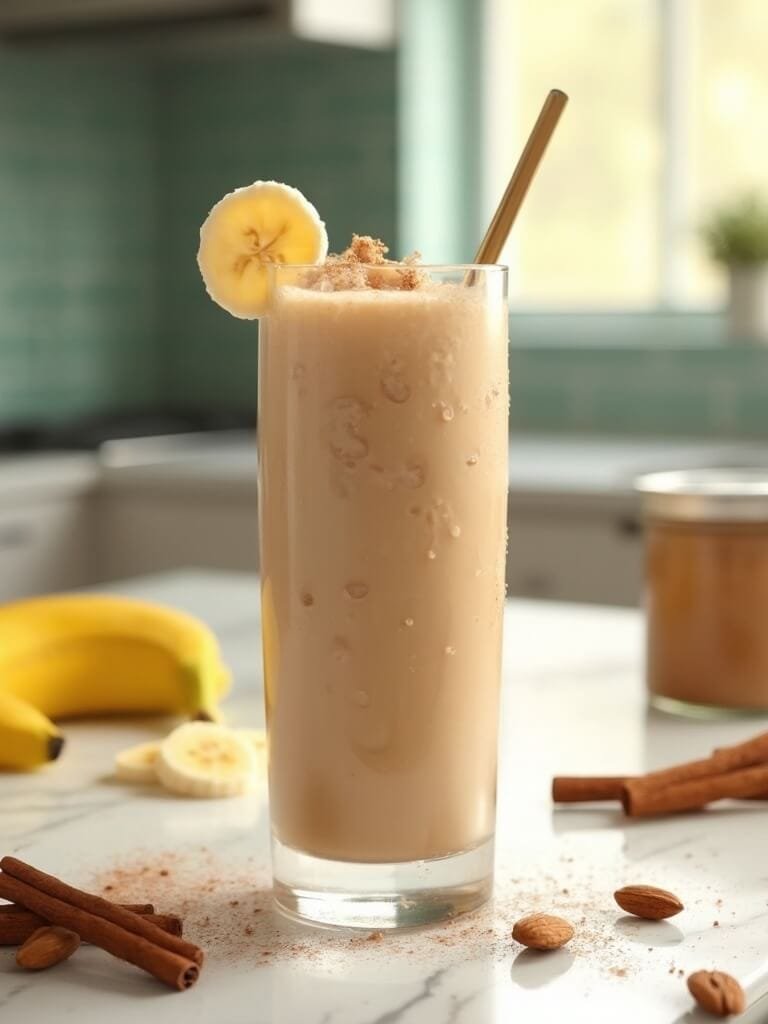 Almond Butter Cinnamon Smoothie 2 "almond butter cinnamon smoothie in a frosted glass, garnished with banana, on a marble countertop with ingredients scattered around"
