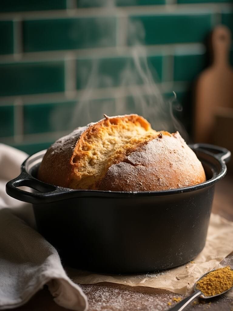 No-Knead Artisan Bread 2 "freshly baked artisan bread in black dutch oven with steam rising, in natural light"