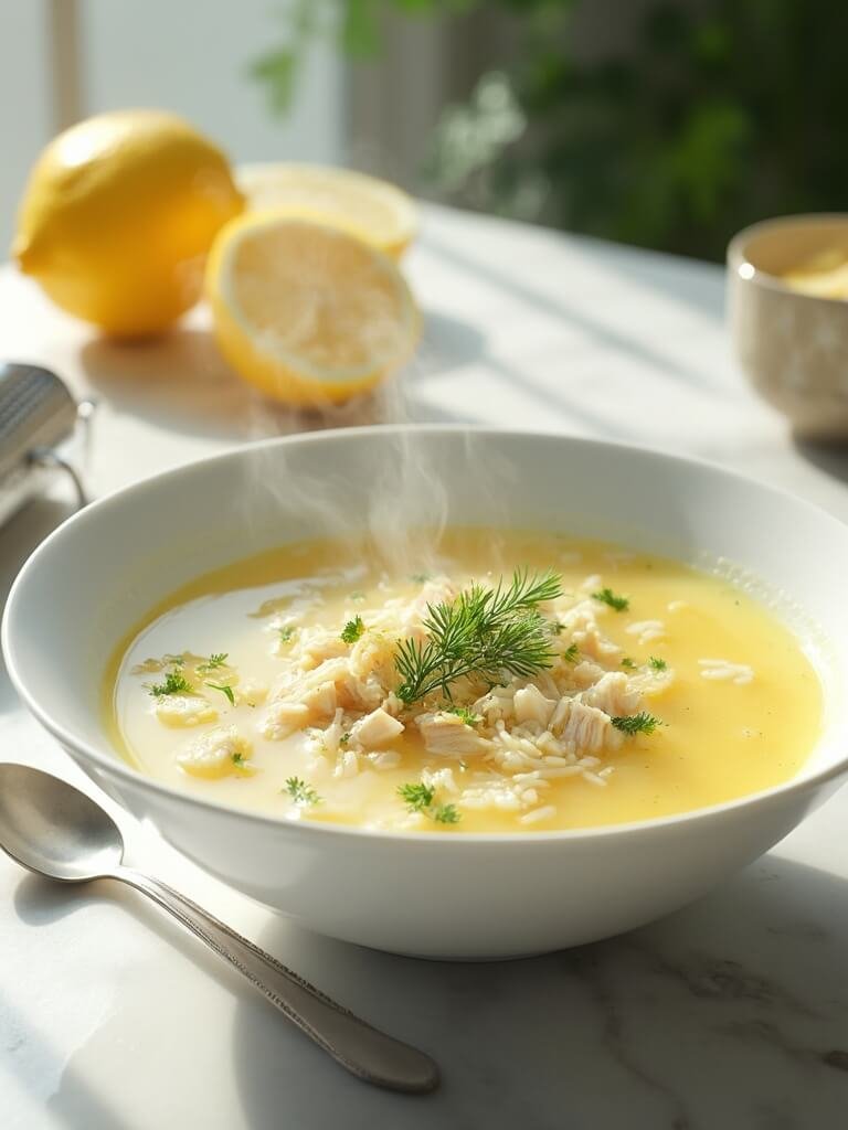 "steaming bowl of avgolemono soup with shredded chicken, rice, dill, parsley, and fresh lemon zest in a white ceramic bowl, shot in natural window light"