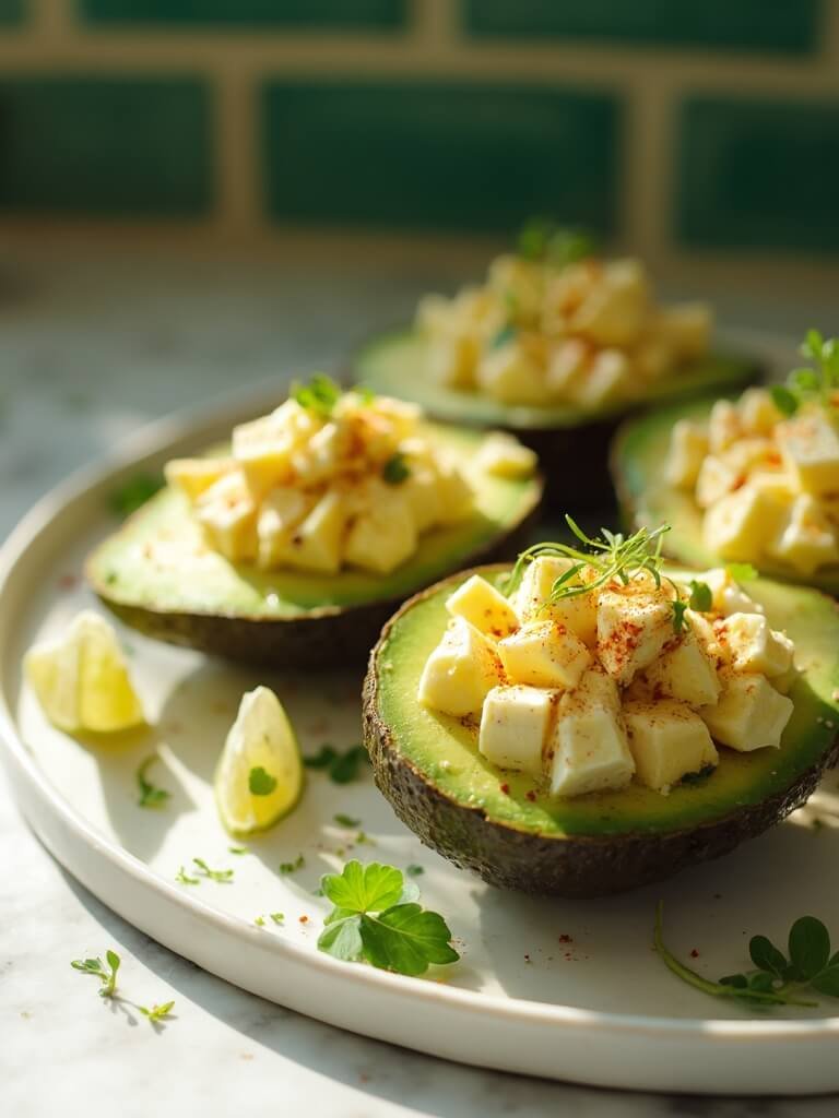 Avocado Stuffed With Egg Salad 2 "close-up of ripe avocados stuffed with creamy egg salad on a white platter, garnished with microgreens, paprika, and lime wedges"