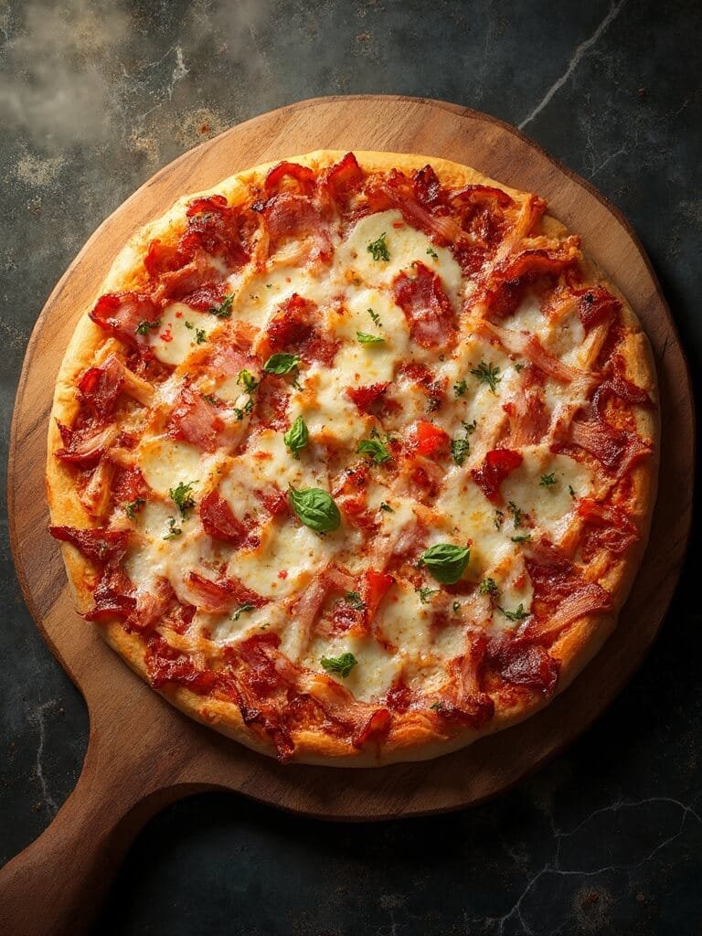 Bacon Weave Pizza (Keto-Friendly Crispy Base) 2 "overhead view of a circular bacon weave pizza with melted mozzarella and parmesan cheese, on a rustic wooden board against a dark marble countertop. "