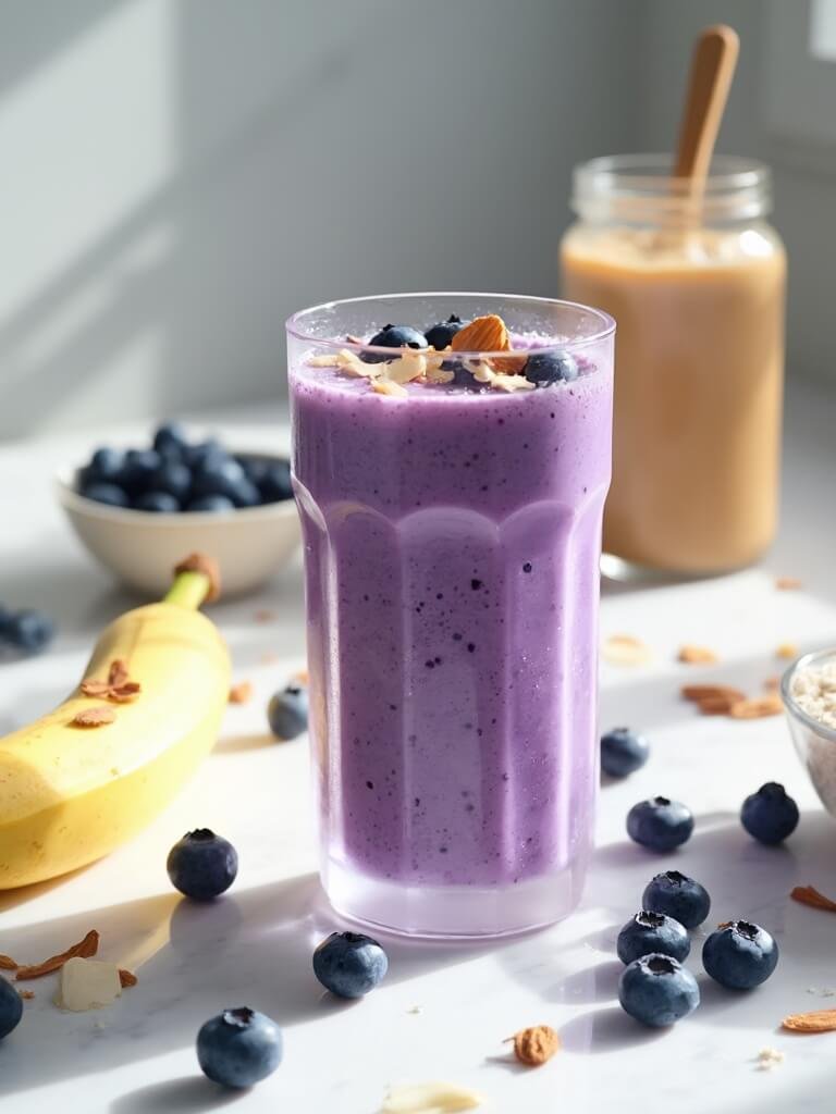 Blueberry Almond Protein Smoothie 2 "blueberry almond protein smoothie in a frosty glass garnished with fresh blueberries and sliced almonds in a sunlit modern kitchen setting"