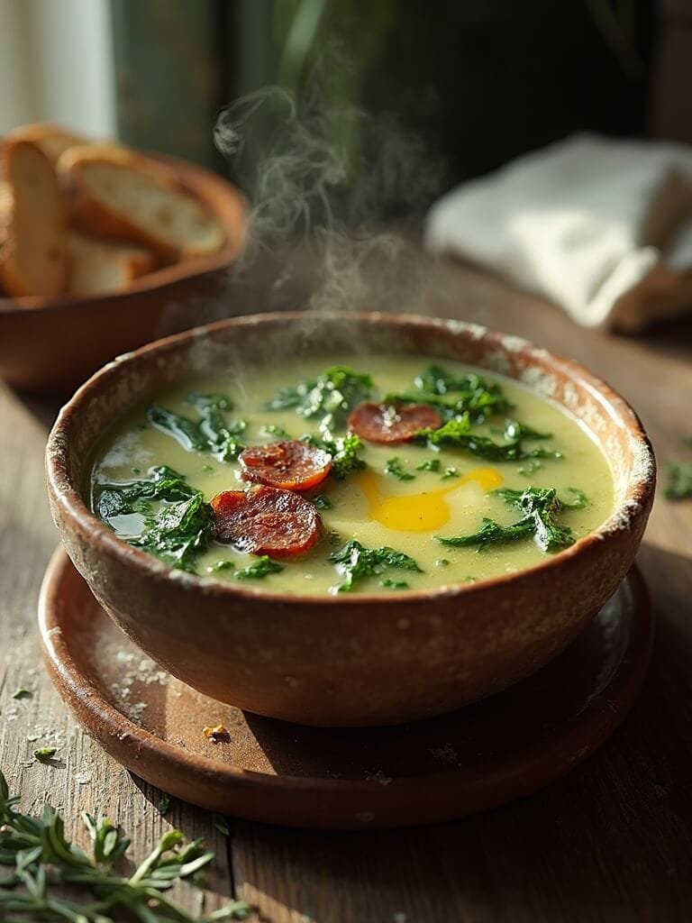 Caldo Verde (Portuguese Kale &Amp; Sausage Soup) 2 "close-up of caldo verde soup with kale and portuguese chouriço sausage in a rustic bowl under natural window lighting"