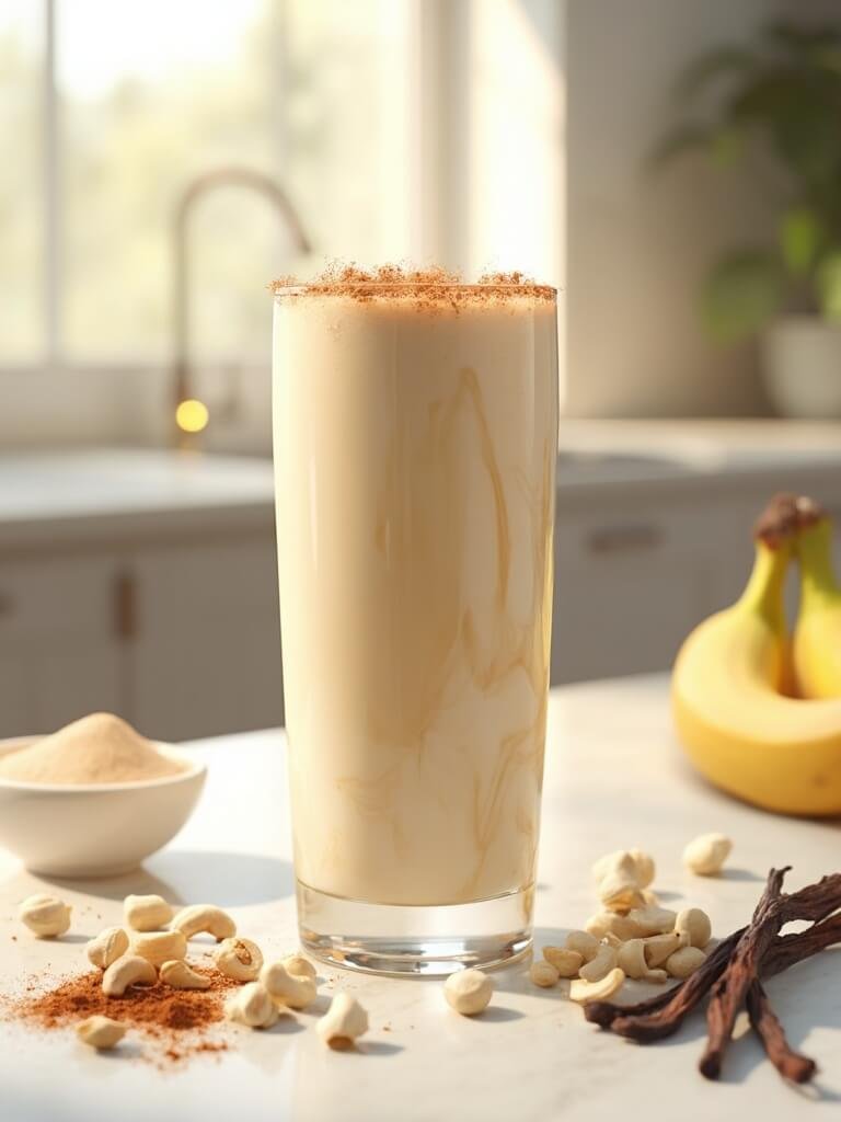 "creamy cashew vanilla protein shake in a glass, garnished with cinnamon and raw cashews, surrounded by ingredients including scattered cashews, vanilla bean, banana, cinnamon powder, and protein powder on a marble countertop"