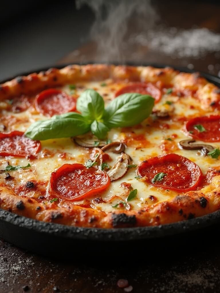 "close-up of a rustic cast iron skillet pizza with bubbling mozzarella and pepperoni topping on a dark wood surface"