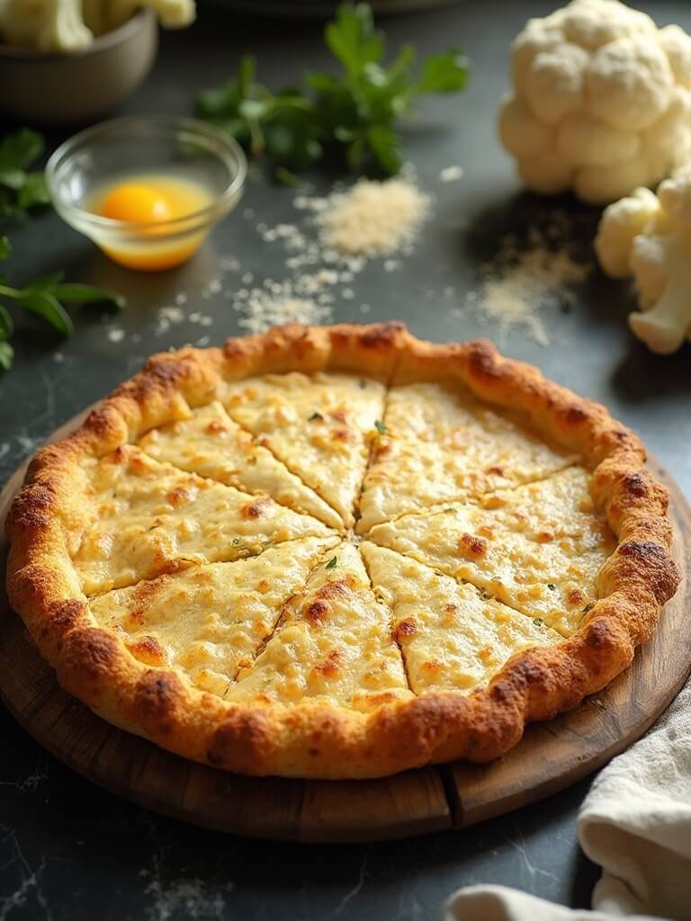 "overhead view of a golden-brown cauliflower pizza crust on a rustic wooden board, surrounded by prep ingredients including fresh cauliflower, eggs, italian herbs, and grated cheeses"