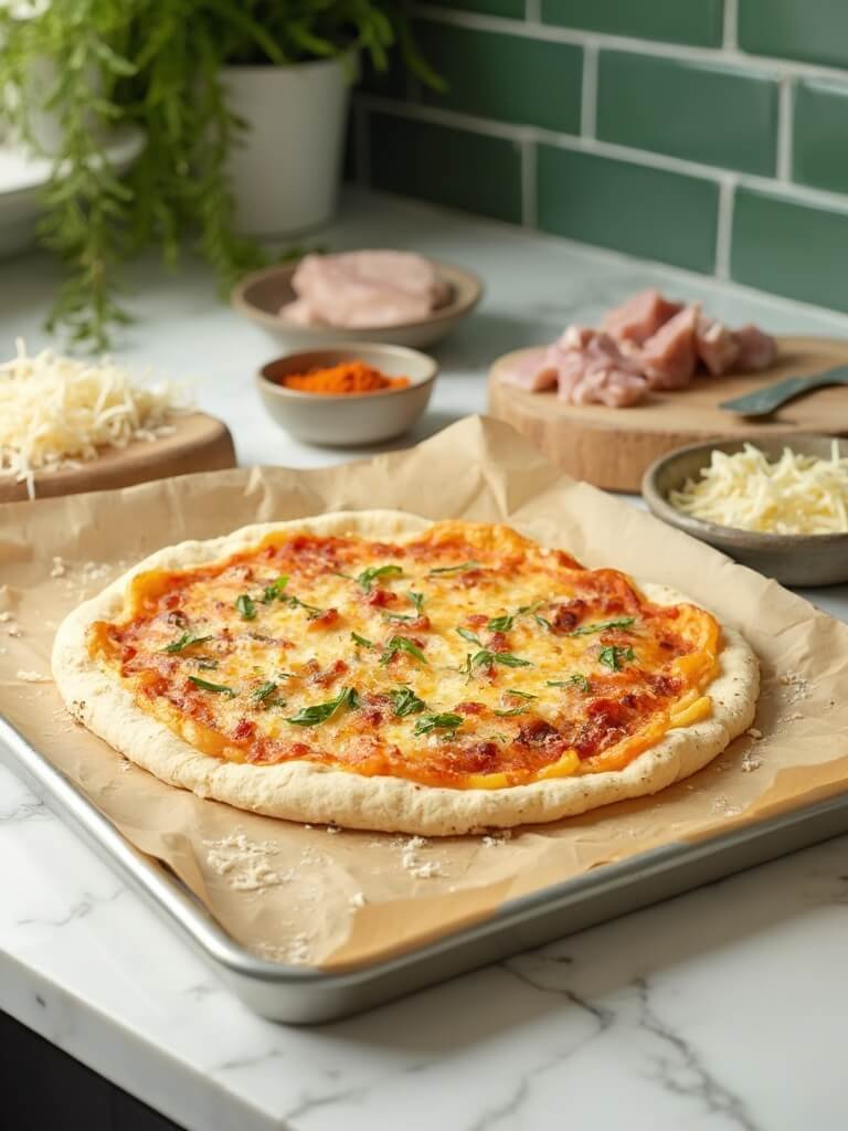 "chicken crust pizza with ingredients on marble countertop in daylight"