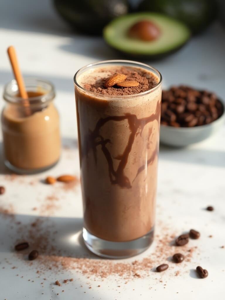 "chocolate almond mocha smoothie in a glass, with cocoa powder, roasted almonds, coffee beans, almond butter and half avocado on a white marble background. "
