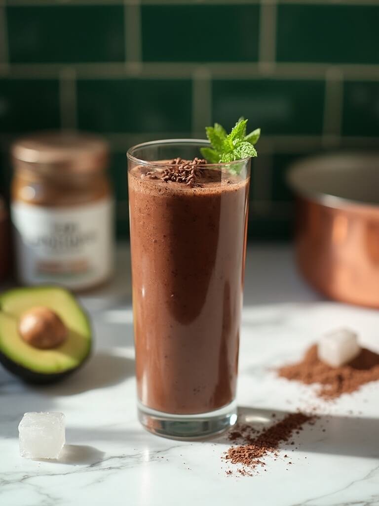 "chocolate avocado protein smoothie in a glass, with scattered ingredients on a marble countertop"