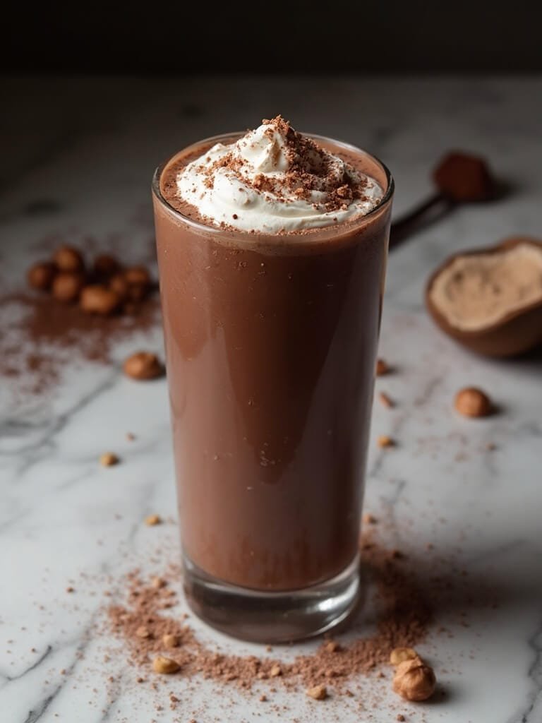 Chocolate Hazelnut Smoothie (Nutella-Style, Sugar-Free) 2 "chocolate hazelnut smoothie in a tall glass with toasted nut and cocoa garnish, on a marble counter with scattered hazelnuts and a measuring spoon of vanilla extract; lit from the left with a soft shadow"
