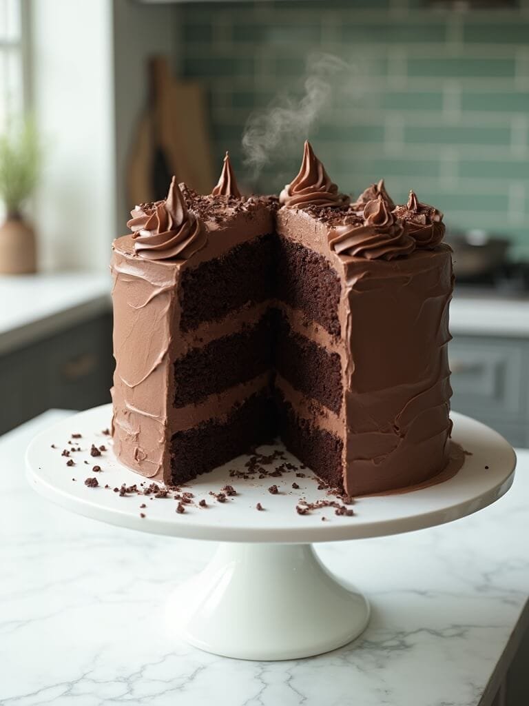 "two-layer chocolate cake with chocolate buttercream on a white marble countertop in a modern kitchen"