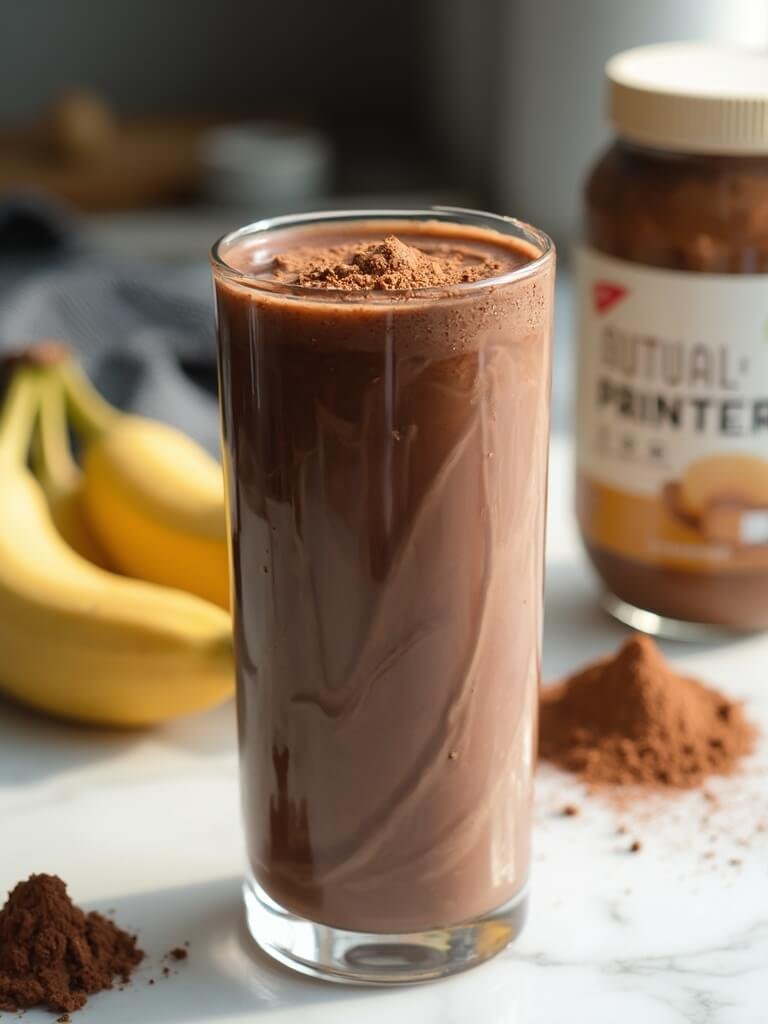 "chocolate peanut butter protein smoothie in a glass with ingredients in the background"