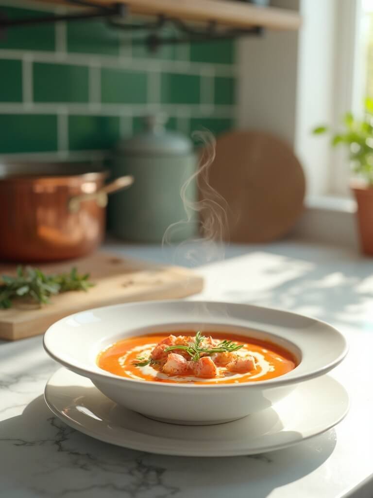 "luxurious lobster bisque garnished with poached lobster meat and tarragon leaves, served on a white marble counter in a sunlit modern kitchen"