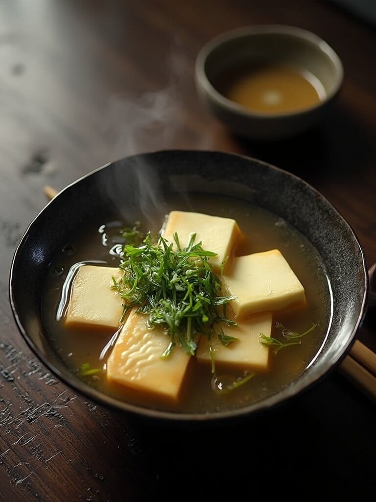 "overhead view of traditional japanese miso soup with tofu, wakame seaweed and scallions in a black bowl on a dark wooden table"