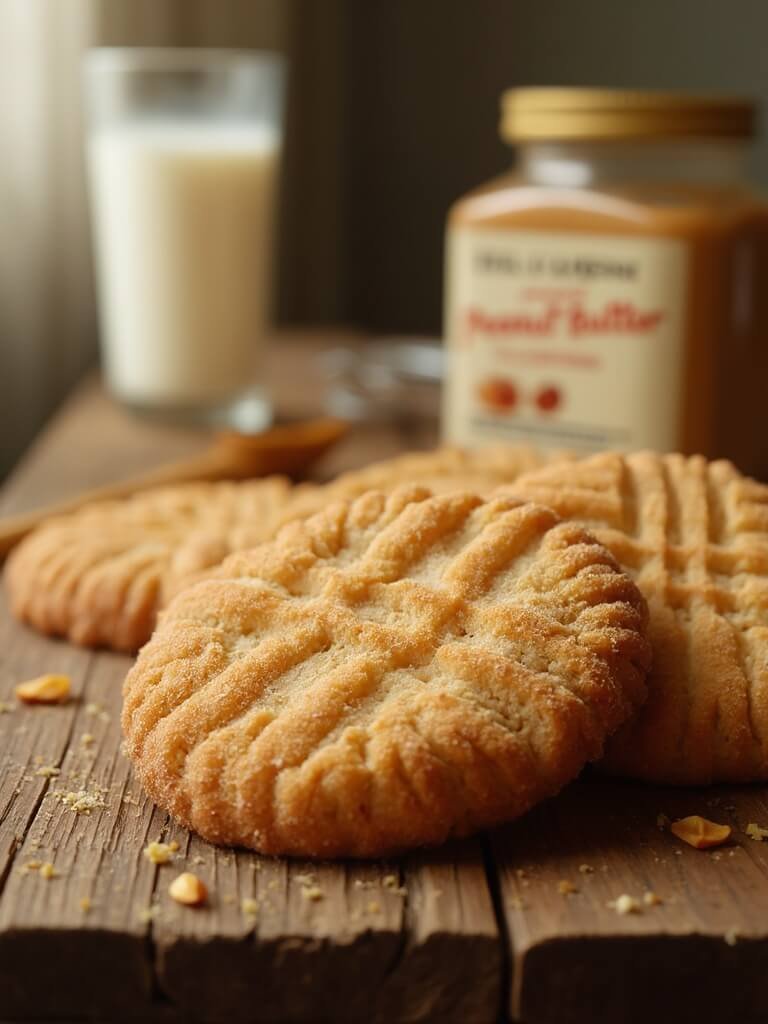 "freshly baked peanut butter cookies with criss-cross patterns on a rustic wooden board, beside a glass of milk and jar of peanut butter"