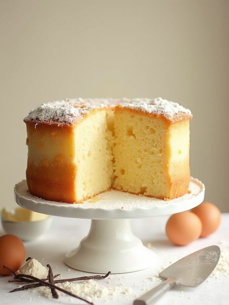 "vanilla sponge cake on a vintage ceramic stand with surrounding baking ingredients and a cake server, under soft natural window light"