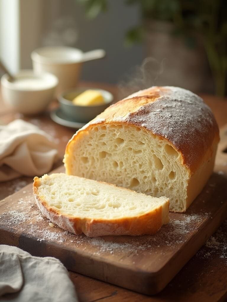 "freshly baked loaf of white bread on wooden board with ingredients in the background"