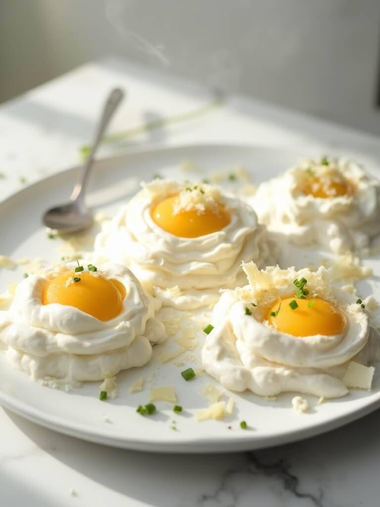 "cloud-like whipped egg whites with golden yolks on white plate, garnished with chives and parmesan cheese under natural morning light"