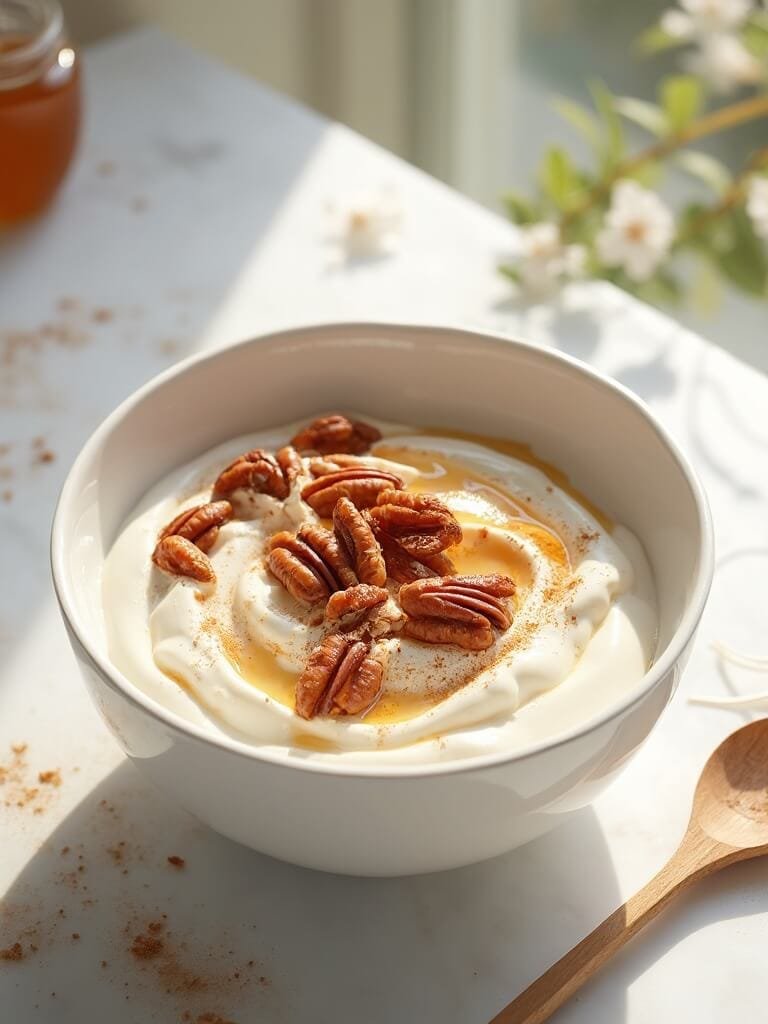 "overhead shot of coconut yogurt with toasted pecans and cinnamon in a white bowl, wooden spoon and jar of honey on a marble countertop"