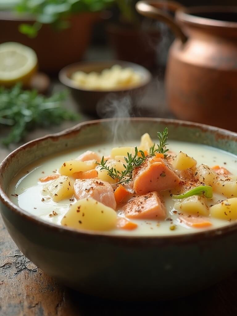 Classic Salmon Chowder With Fresh Herbs 2 "creamy bowl of salmon chowder with fresh herbs and yukon gold potatoes, steam rising in natural light, on a rustic wooden table with blurred copper dutch oven in background. "