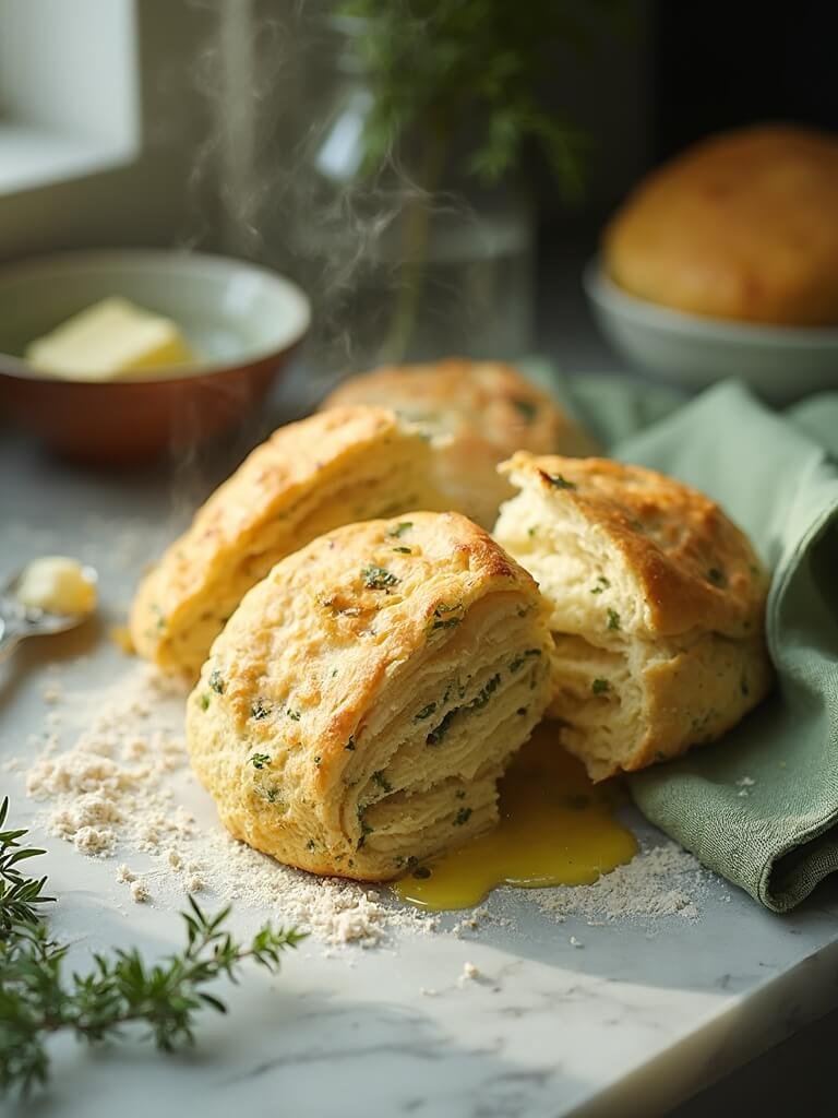 Flaky Herb Biscuits 2 "flaky herb biscuits with melting butter on a rustic marble countertop, styled with fresh thyme, parsley, a vintage butter knife, and a sage green linen napkin"