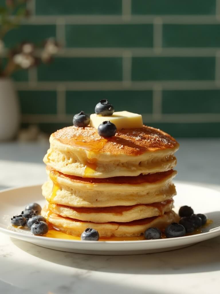 "golden-brown keto pancakes with almond and coconut flour, topped with melting butter and powdered monk fruit sweetener, surrounded by fresh blueberries on a white plate in sunlit kitchen. "