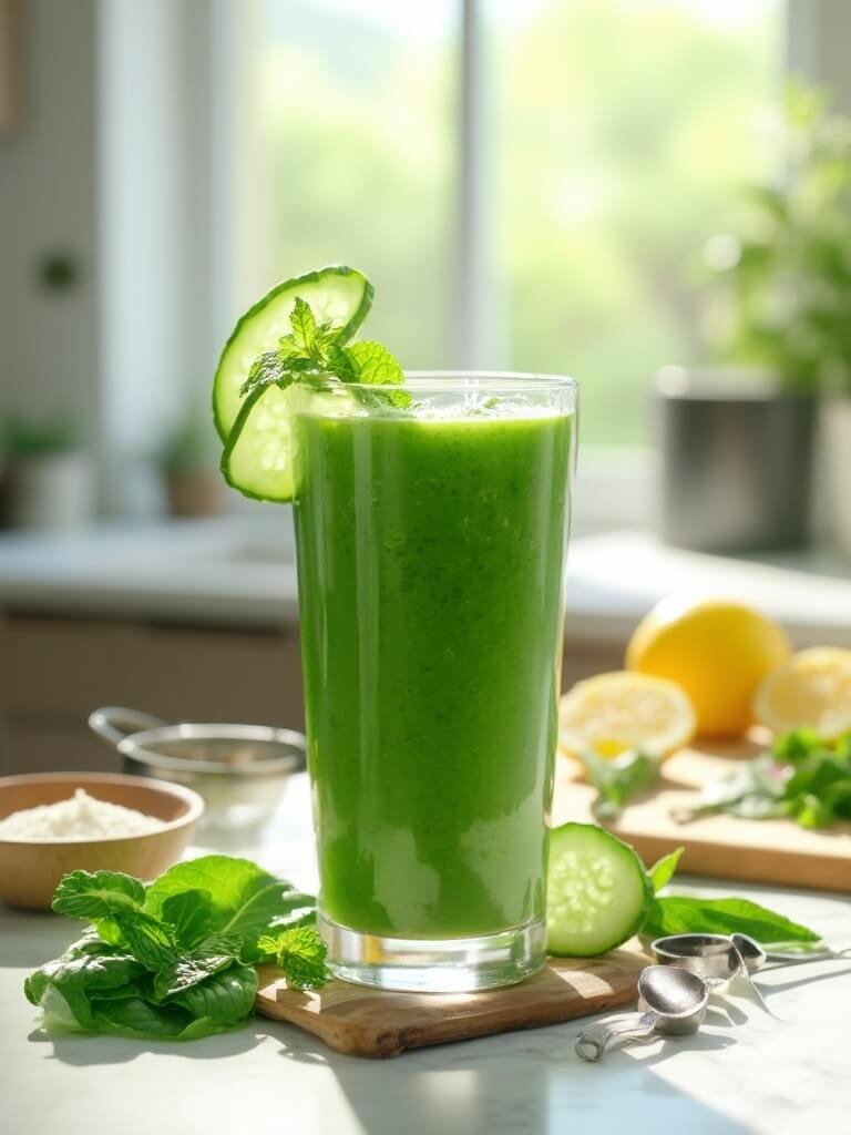 "green detox protein smoothie in a glass, garnished with cucumber and mint, surrounded by fresh ingredients on a marble countertop in a bright kitchen"