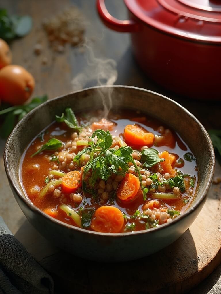 "overhead shot of steaming bowl of lentil soup with mirepoix, tomatoes, and greens on rustic background"
