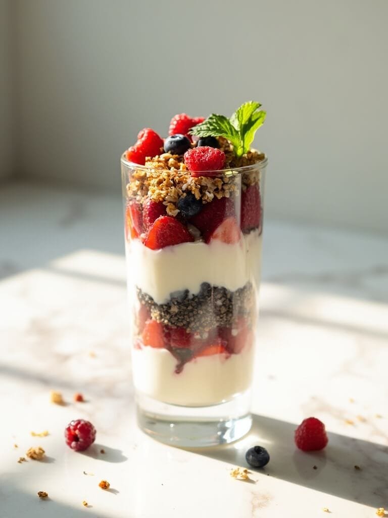 "protein-enriched greek yogurt and mixed berry parfait garnished with granola, chia seeds, shredded coconut, and mint leaf on marble countertop"