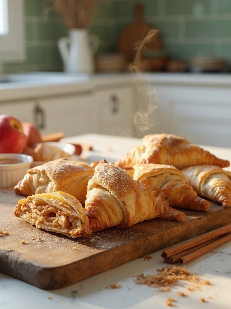 Homemade Apple Turnovers 2 "four freshly baked apple turnovers with cinnamon spiced filling on a rustic wooden board, served with vanilla sauce and fresh apple slices in a farmhouse kitchen setting. "
