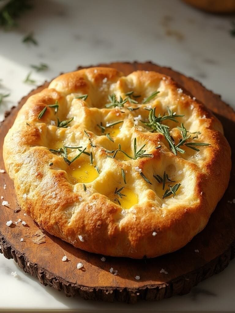 "freshly baked homemade italian focaccia bread with rosemary and olive oil on a rustic wooden board"