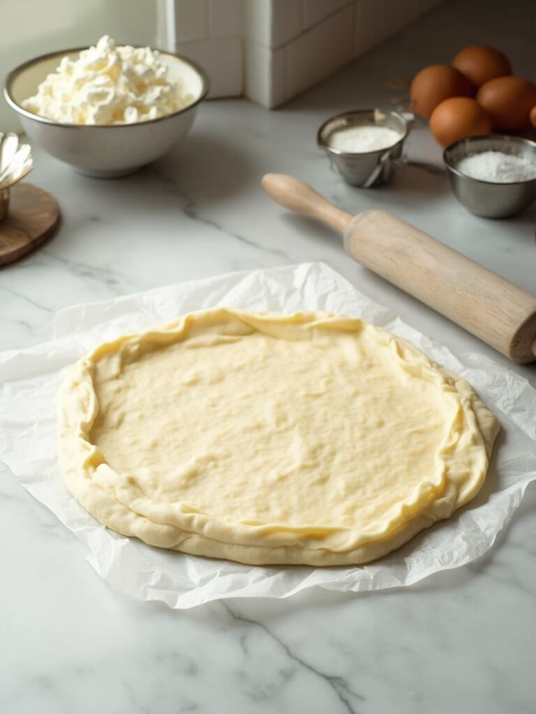 "keto fathead pizza dough on marble countertop surrounded by ingredients like melted mozzarella, almond flour, and baking powder illuminated by natural window light"