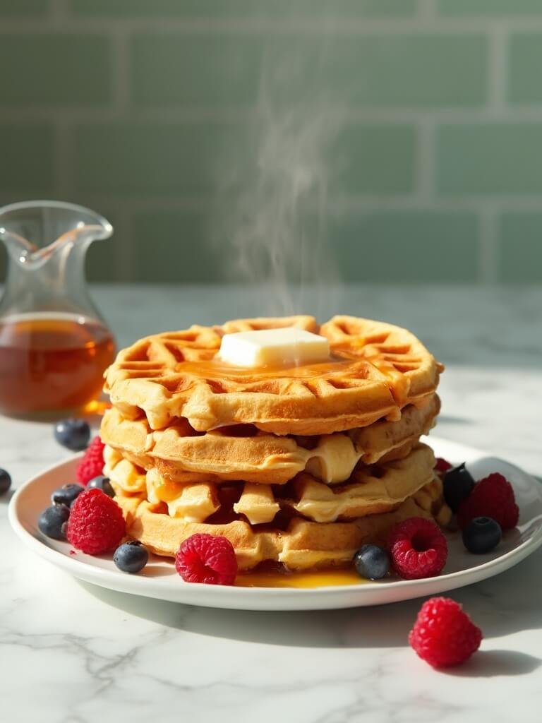 Perfect Keto Waffles 2 "keto waffles with butter, raspberries, and blueberries on a white plate in a modern kitchen, with a pitcher of sugar-free syrup nearby. "