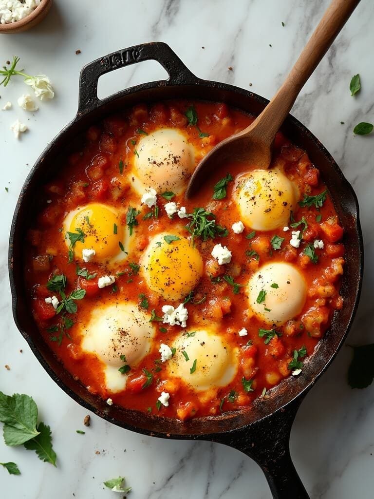"overhead shot of a vibrant low-tomato shakshuka with poached eggs in a rustic cast-iron skillet on a white marble countertop"