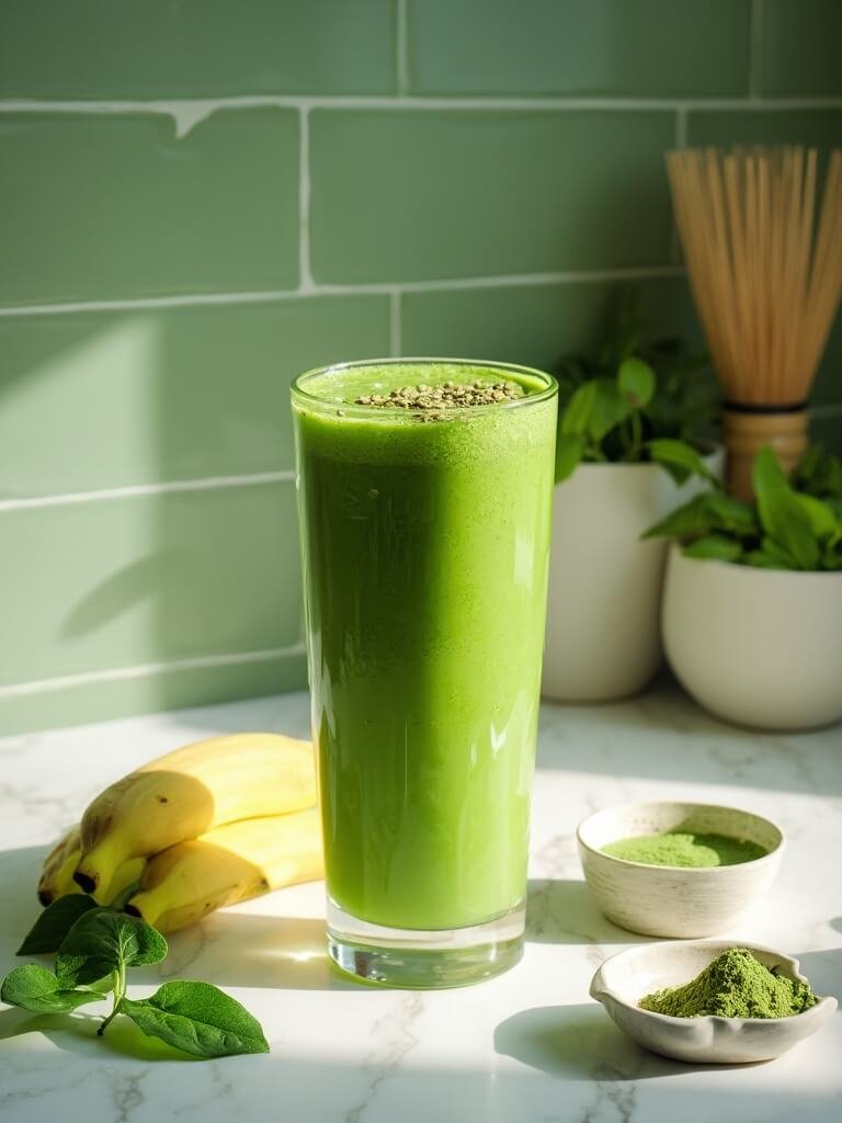 Matcha Green Tea Protein Smoothie 2 "matcha green tea protein smoothie with fresh ingredients on a marble countertop in a modern kitchen"