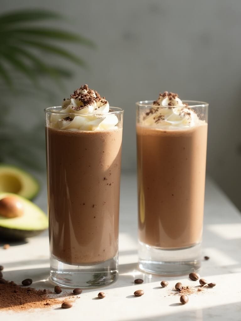 Mocha Avocado Smoothie 2 "two tall glasses of mocha avocado smoothie with coconut cream and chocolate shavings on a marble countertop, with fresh avocado and coffee beans in the background"