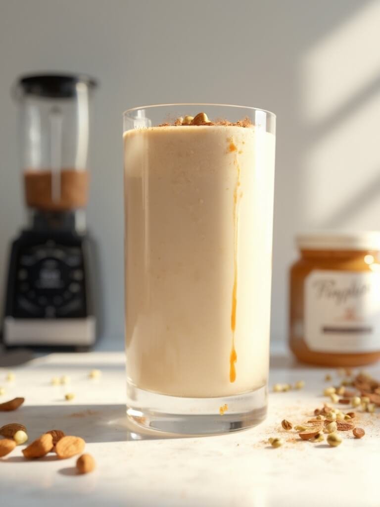 "creamy protein shake in glass with cinnamon and nut butter garnish on white marble countertop, with whole nuts and high-speed blender in the background"