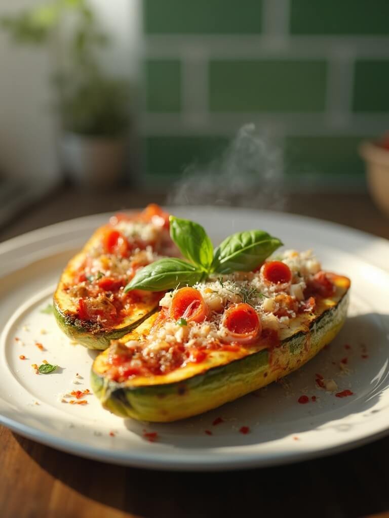 "stuffed zucchini boats with sausage, mozzarella, and pepperoni on white ceramic plate in a modern kitchen setting"
