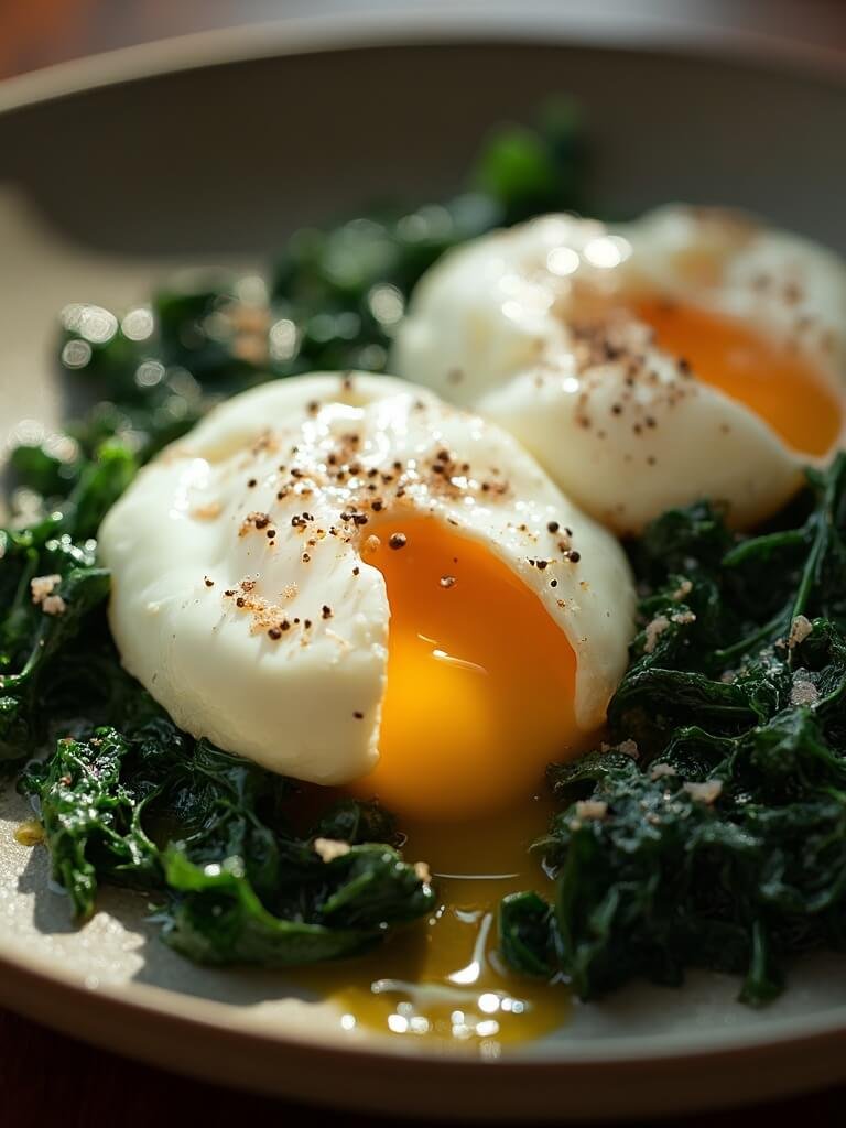 "poached eggs on sauteed greens served on a ceramic plate, garnished with black pepper and sea salt, shot in natural morning light"