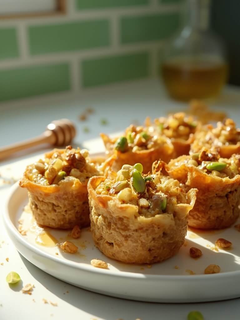Protein Baklava Cups 2 "protein baklava cups with nuts and honey drizzle on a white plate in a kitchen setting"
