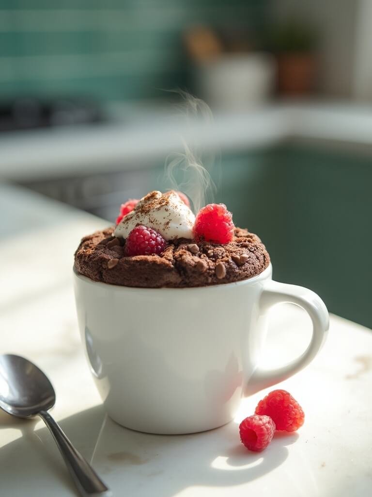 "freshly-baked chocolate protein mug cake garnished with greek yogurt and raspberries on a marble countertop in a modern kitchen"