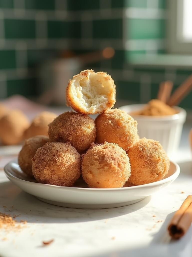Protein Churro Bites 2 "protein churro bites with cinnamon-sugar coating on marble kitchen countertop"
