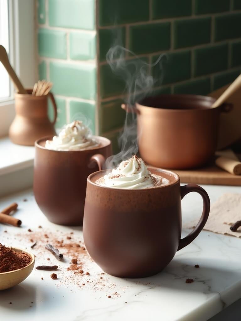 "protein hot chocolate in ceramic mugs, topped with coconut whipped cream and cocoa powder, on a marble countertop with cinnamon sticks, vanilla beans, and cocoa bowl in the background"