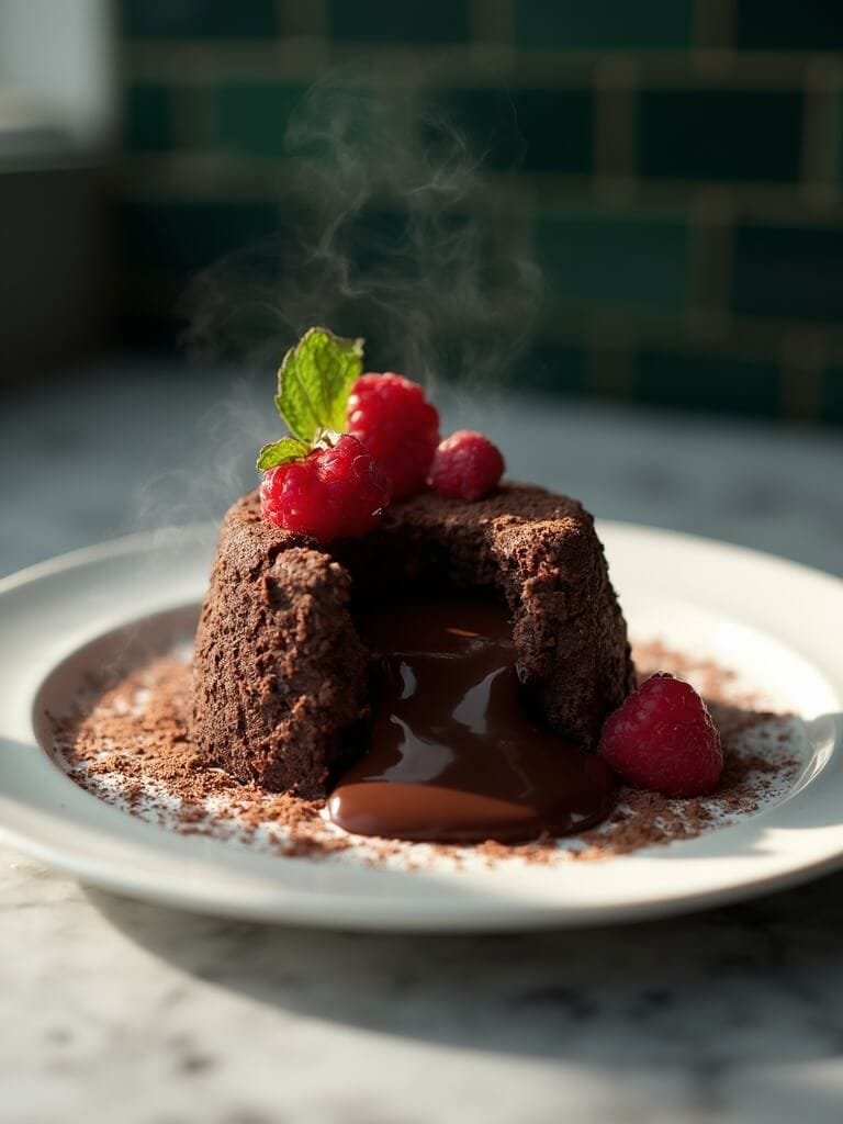 "freshly baked chocolate protein lava cake with molten center and garnished with mint leaf and raspberries on a white plate"