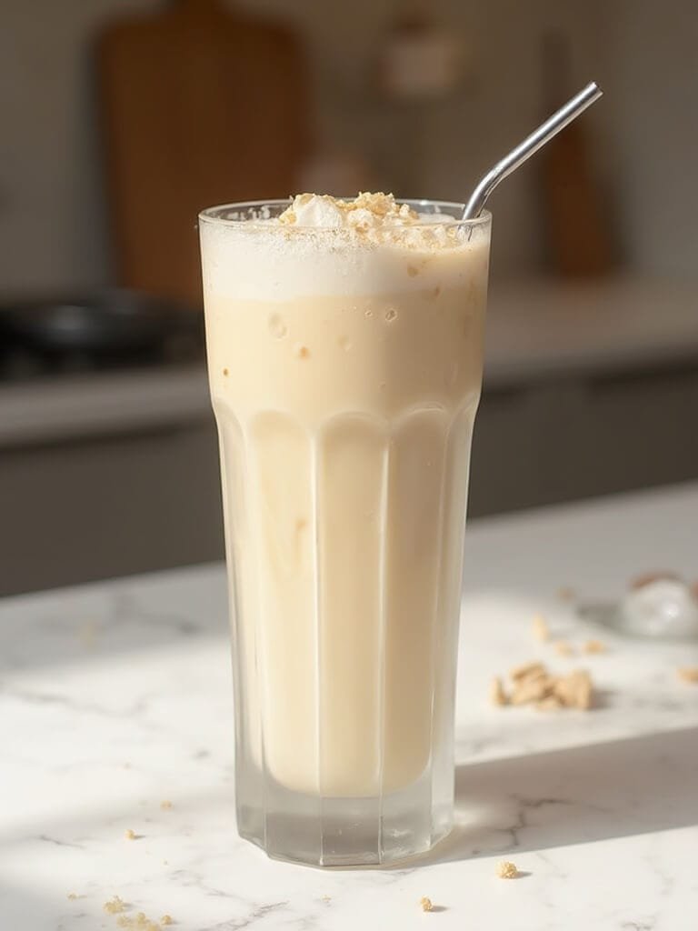 "creamy protein milkshake with whey protein and almond milk in a frosty glass on a marble countertop, garnished with metal straw and dusting of protein powder, with a blurred modern kitchen background"