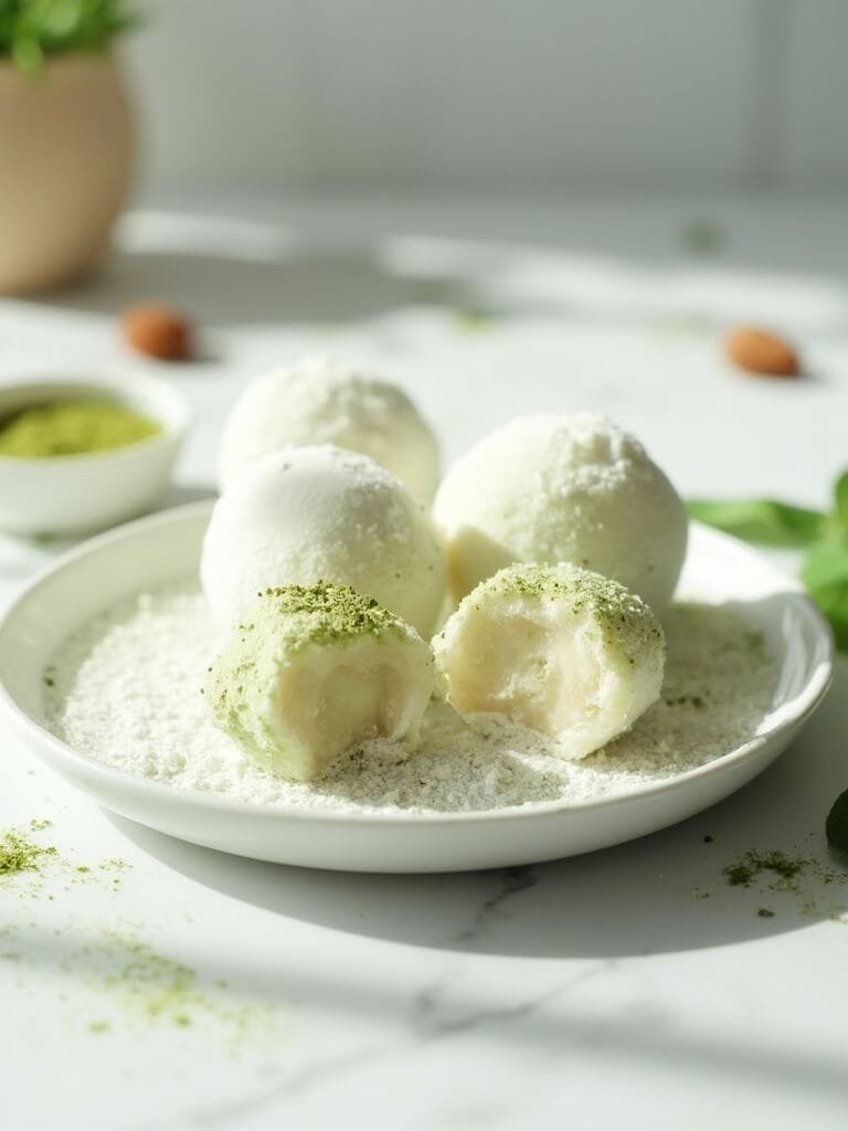 "artisanal protein mochi balls with matcha and cornstarch dusting on a white plate, almond flour, bowl of matcha powder and fresh leaves on marble countertop, shot in a modern japanese-nordic style. "